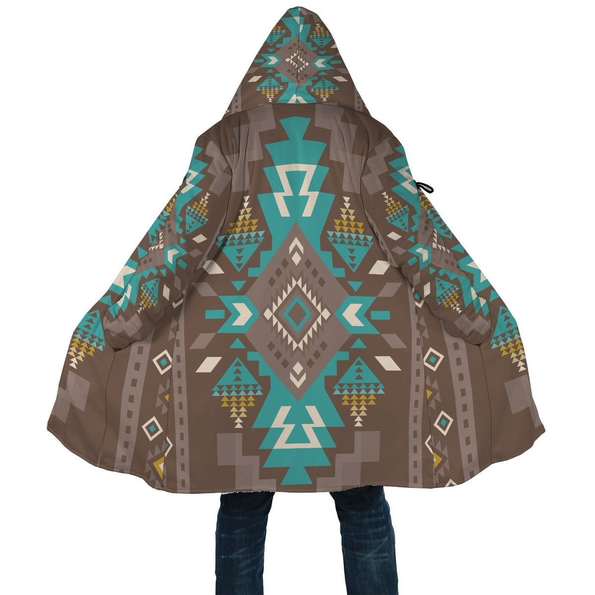 Close back view of hooded cloak with teal, brown and tan geometric print