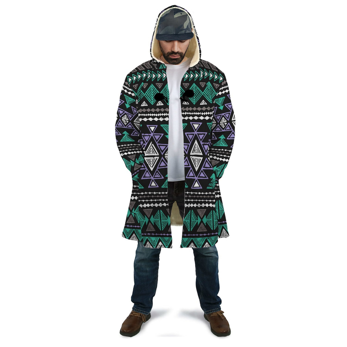 Unisex neon tribal print hooded cloak, black with green, purple, and white patterns