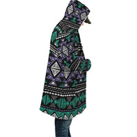 Hooded cloak side view, neon tribal geometric print in green, purple, and white