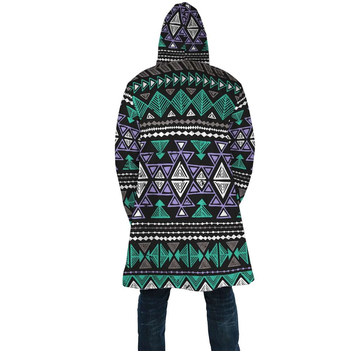 Back view hooded cloak with neon tribal pattern bands, green, purple, and white on black