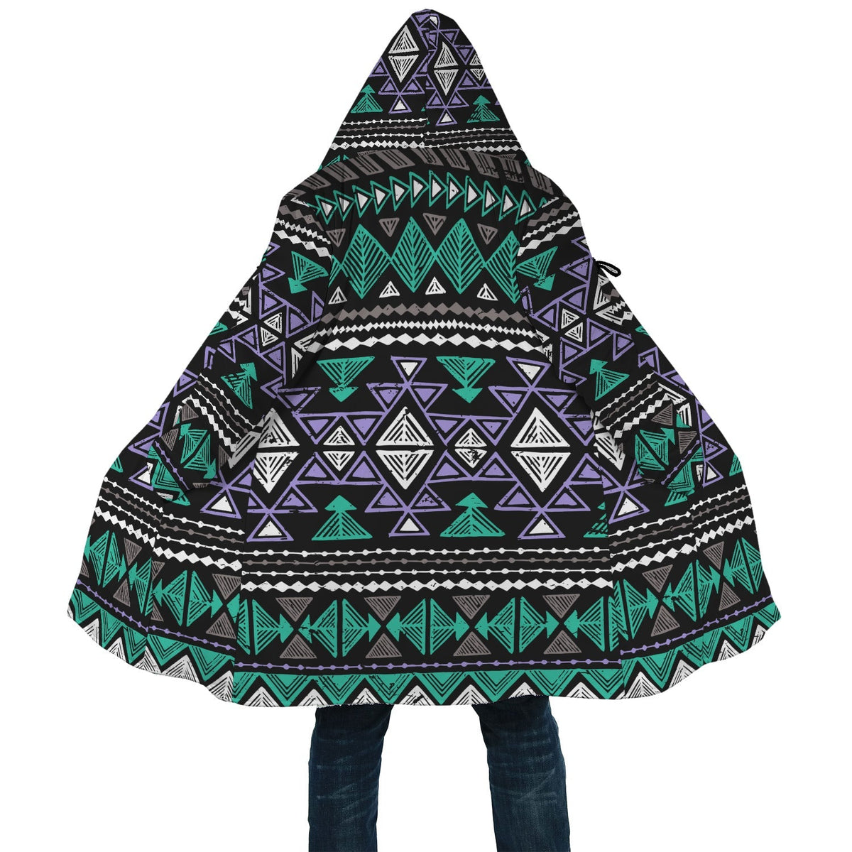 Close-up hooded cloak, neon tribal geometric print with triangular motifs in green and purple