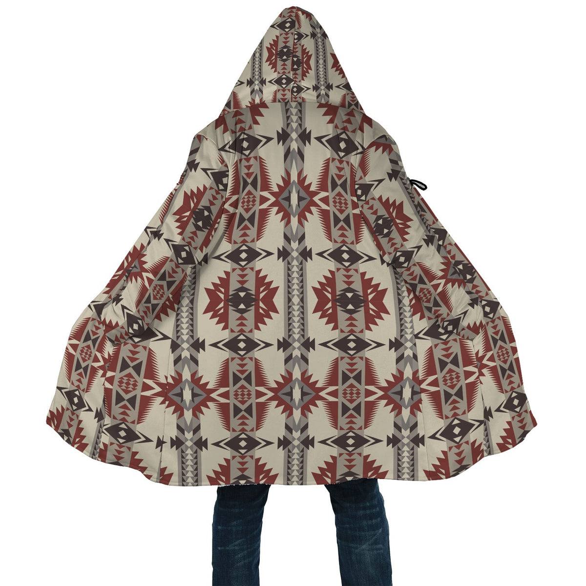 Geometric seamless cloak close-up: hood and flowing hem, multicolor tribal design