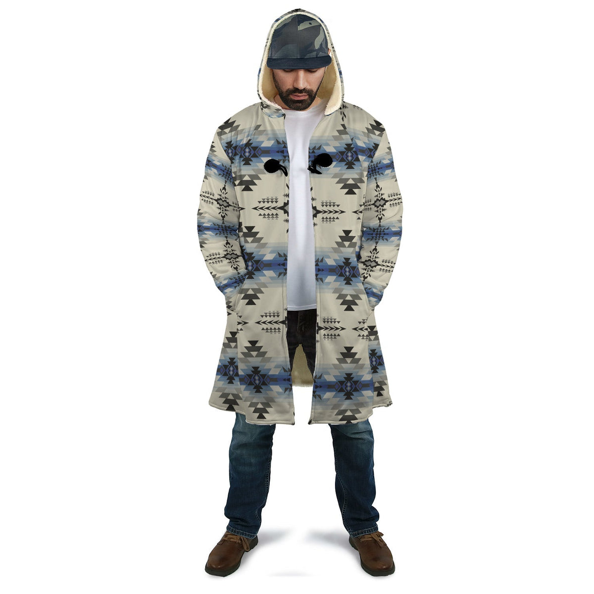 Long hooded cloak, seamless geometric print in blue/black/cream, unisex style