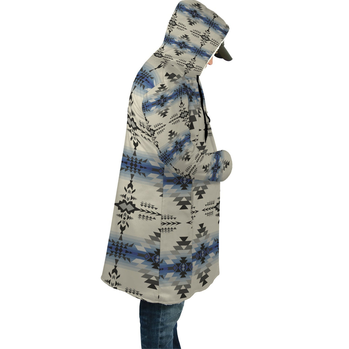 Side view: long hooded cloak with seamless geometric print in blue/black/cream, unisex