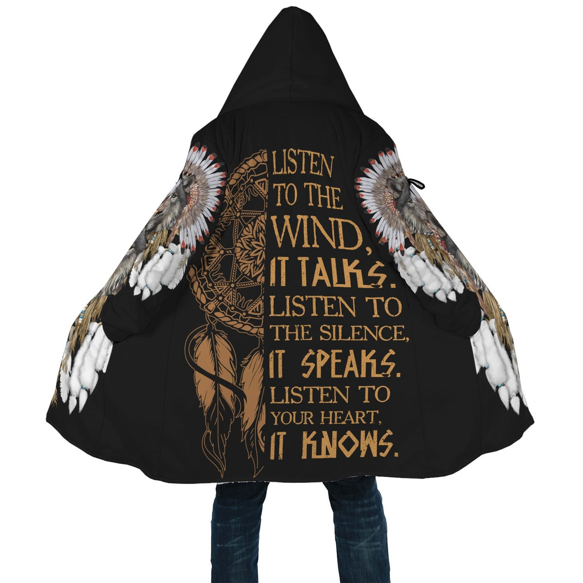 Back hooded cloak close-up with wolf feather design and “LISTEN TO YOUR HEART” text
