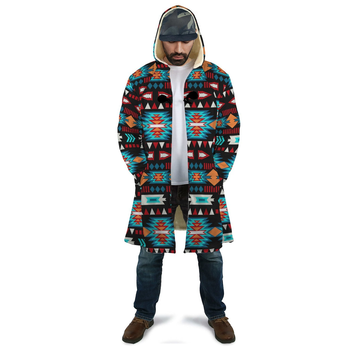 Hooded unisex cloak with neon blue and multicolor geometric pattern