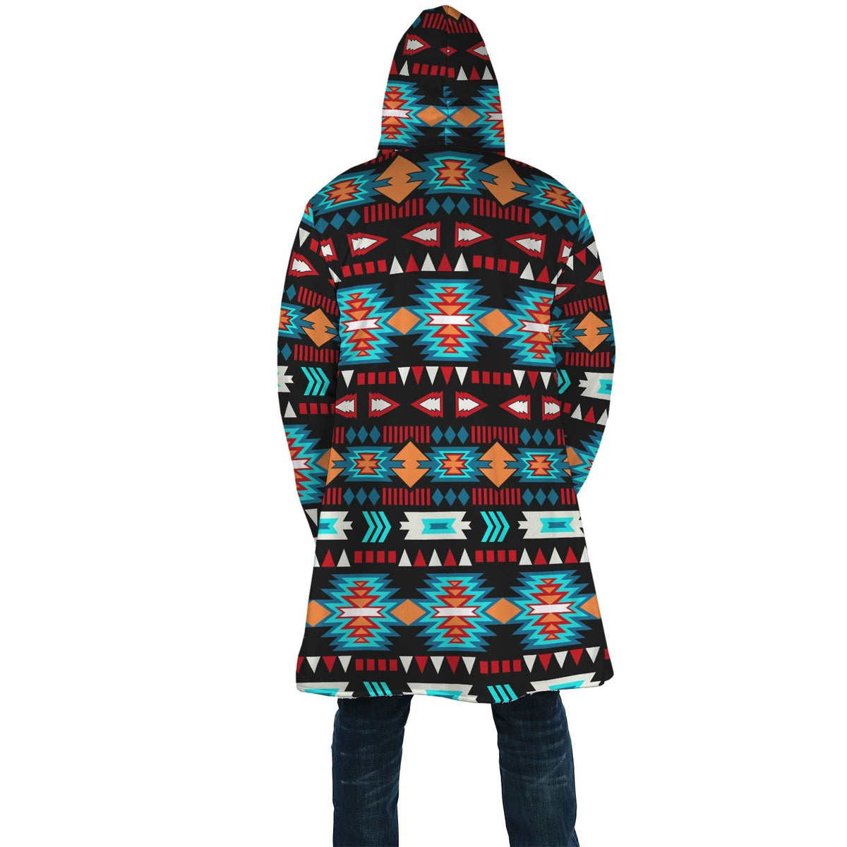 Back view hooded cloak with repeating multicolor geometric stripes and motifs