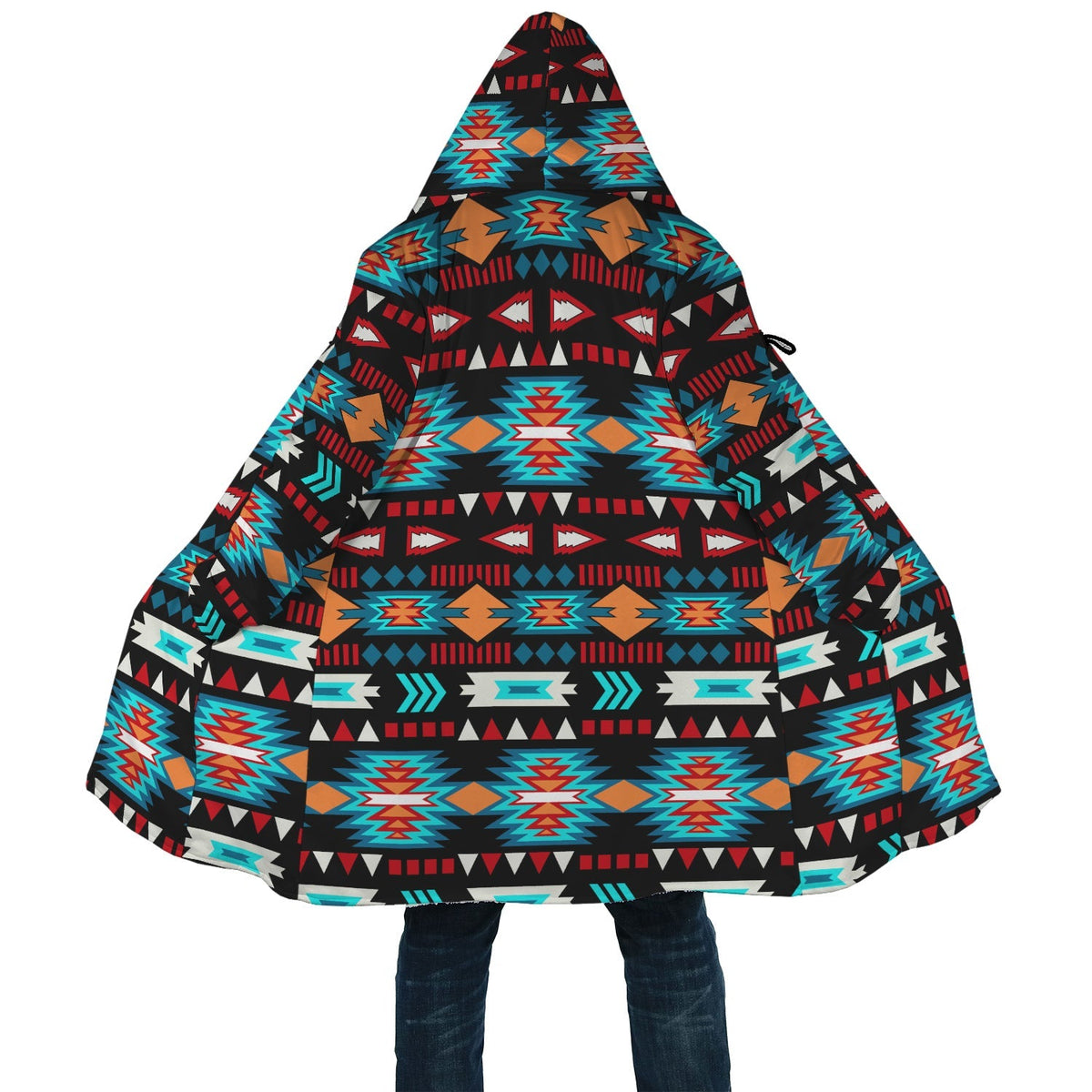 Front close-up hooded cloak with large multicolor geometric print and draped hem