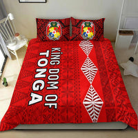 Red duvet with central panel, 'KINGDOM OF TONGA' text, white leaf shapes and crest pillows