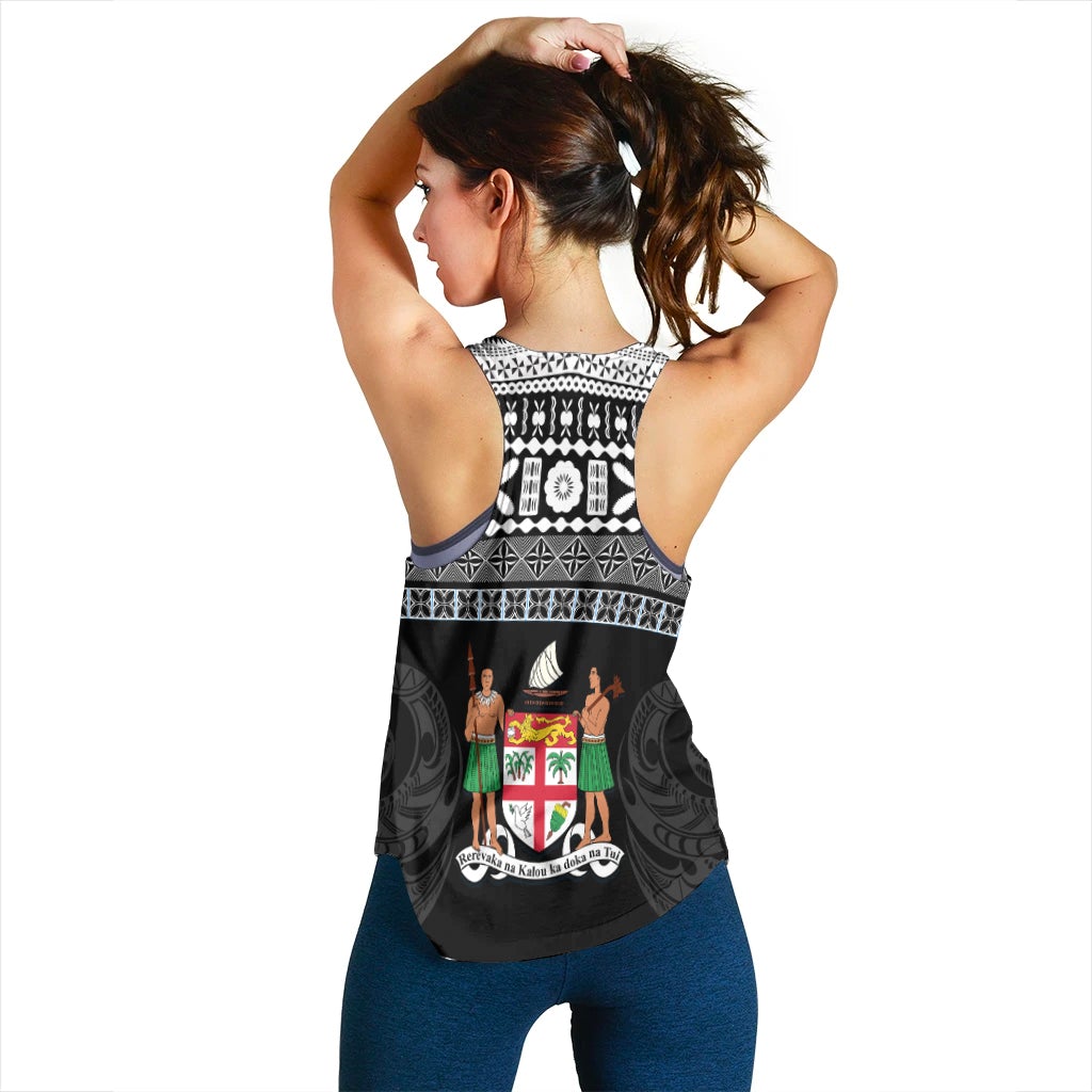 Back view black racerback tank with Fiji Rugby crest and patterned graphic panel