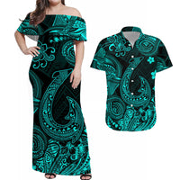Turquoise off-shoulder long dress with dark print, fishhook and floral patterns