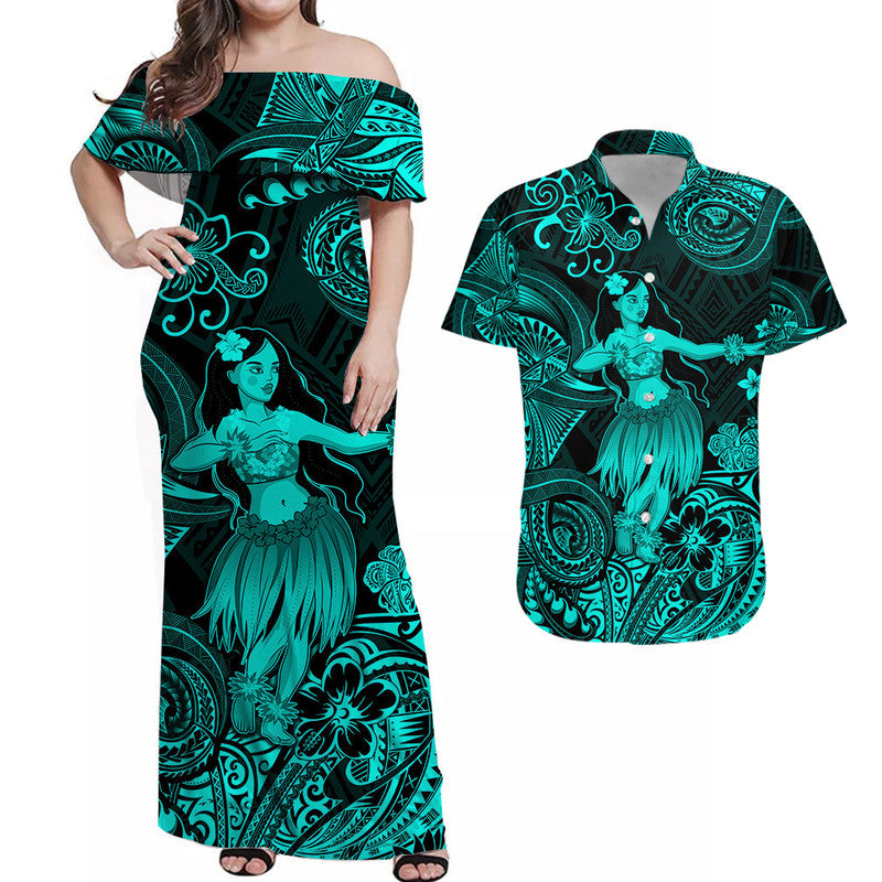 Polynesian Matching Hawaiian Outfits For Couples Hawaii Hula Matching Hawaiian Shirt And Dress Unique Style - Turquoise LT8 - Wonder Print Shop