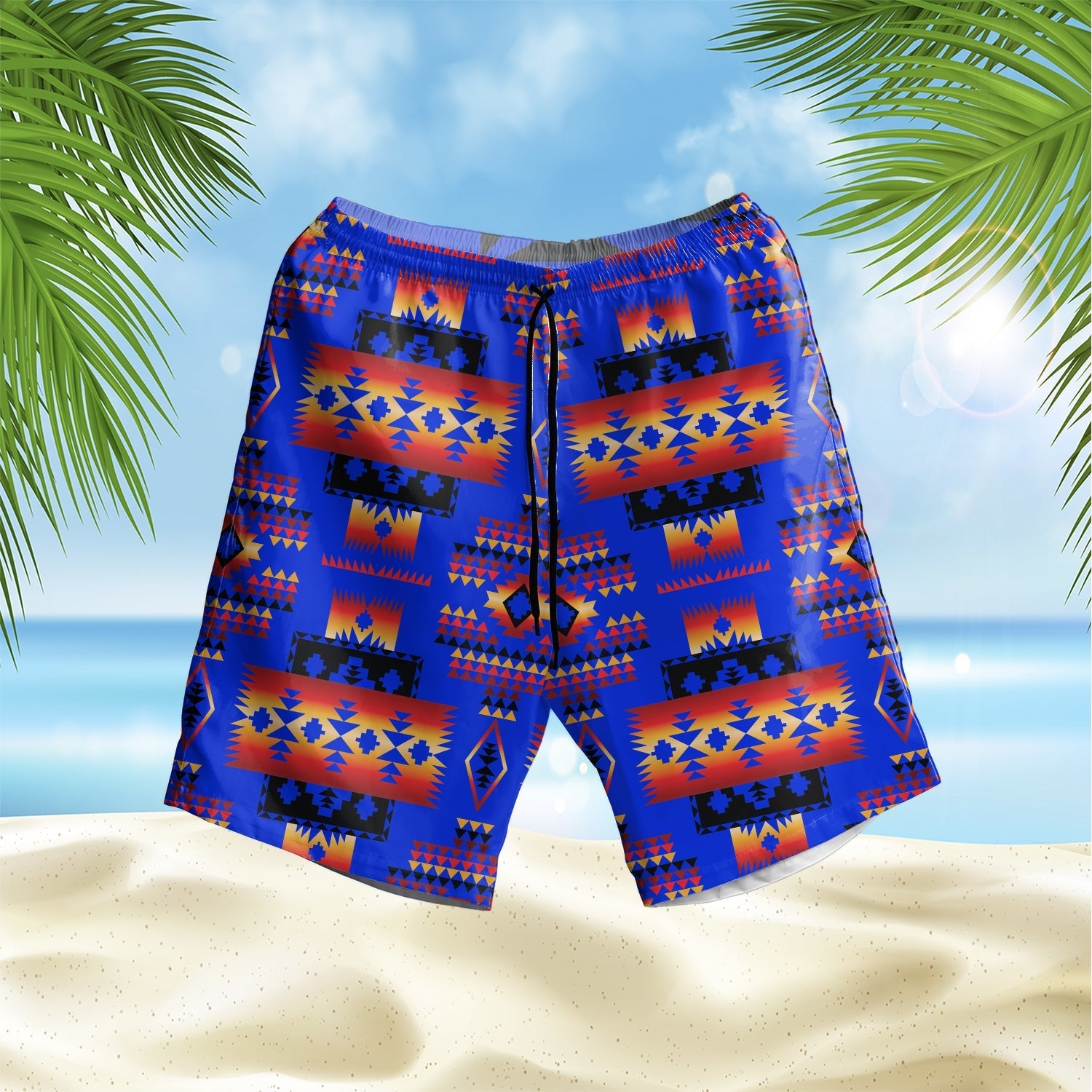 dark-blue-native-american-pattern-hawaiian-shorts
