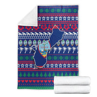 Blue Guam Christmas blanket with white backing roll and holiday print featuring Guam outline