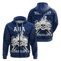 Blue zip hoodie with front skull-and-flames graphic