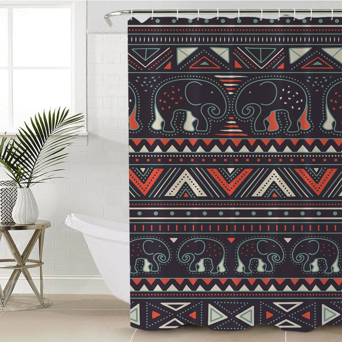 Dark blue shower curtain with colorful tribal elephant and geometric band pattern, top grommets