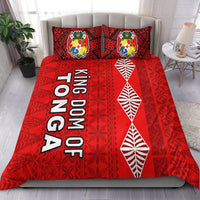 Red Tonga bedding set with crest emblems, 'KINGDOM OF TONGA' text, white leaf patterns