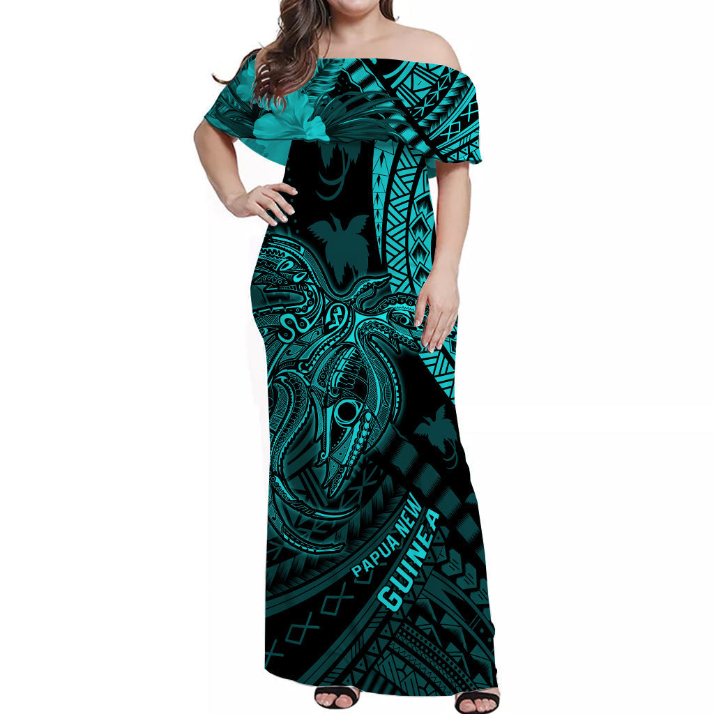 custom-personalised-papua-new-guinea-off-shoulder-long-dress-raggiana-birds-of-paradise-turquoise