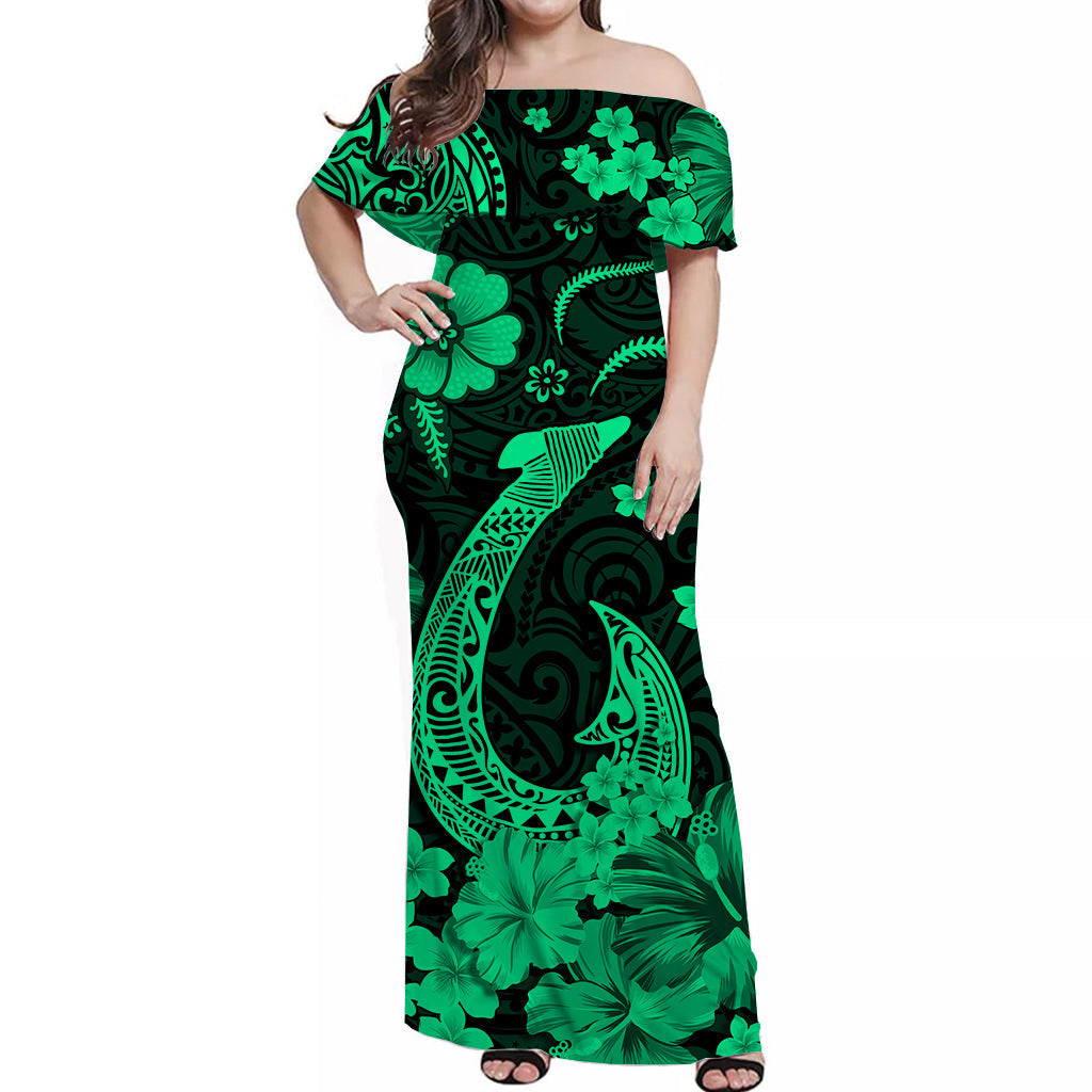 hawaii-off-shoulder-long-dress-polynesia-green-fish-hook
