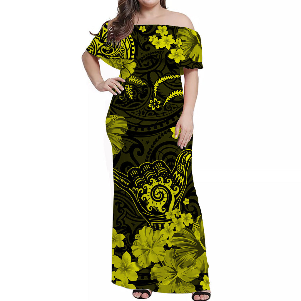 hawaii-off-shoulder-long-dress-polynesia-yellow-cool-shaka-sign