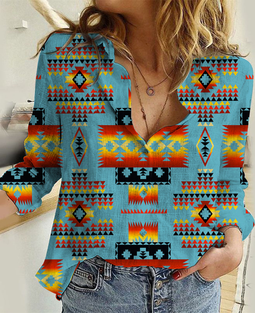 Blue Native Tribes Pattern Native American Linen Shirts LT10 - Wonder Print Shop