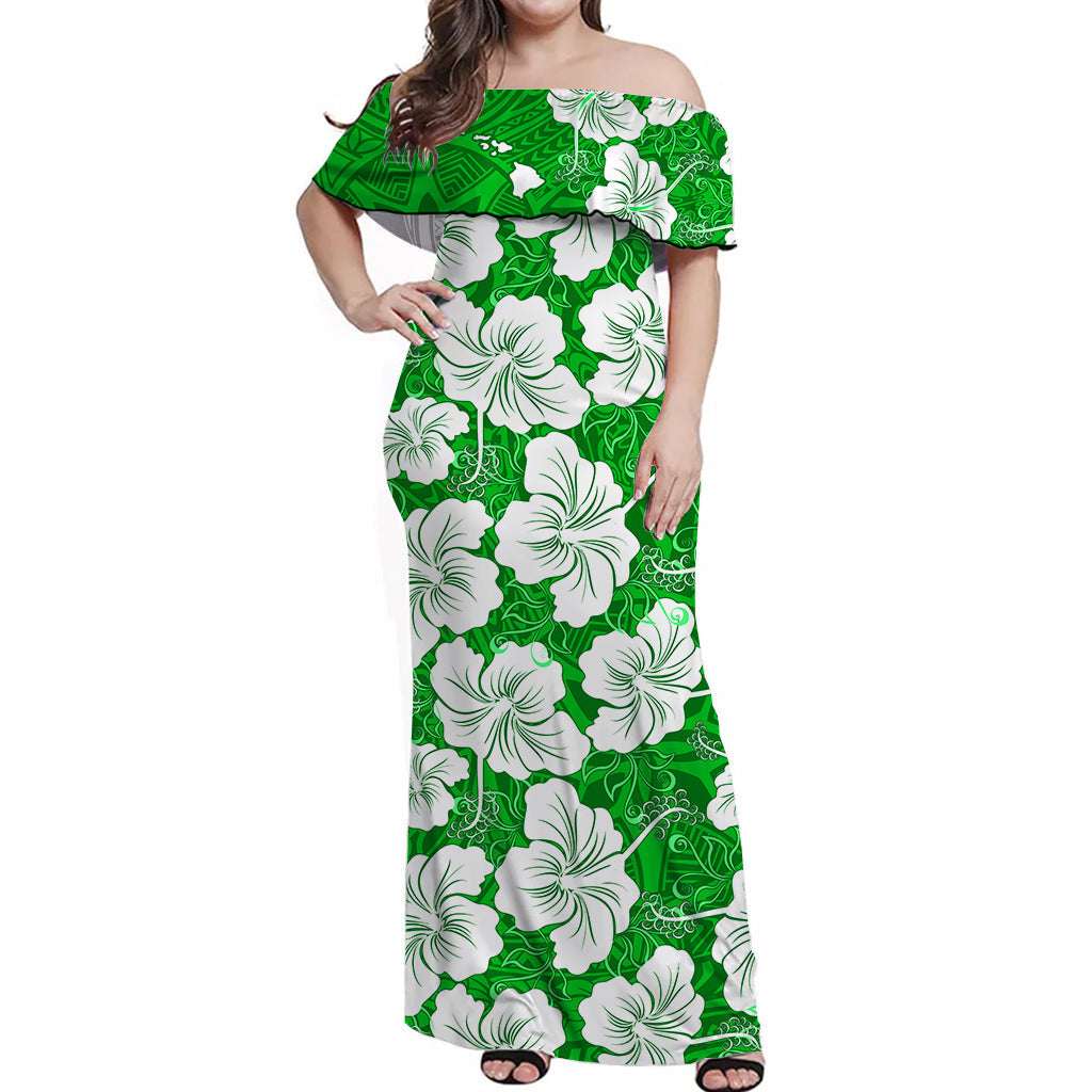 custom-personalised-hawaii-off-shoulder-long-dress-green-simple-tropical-flowers