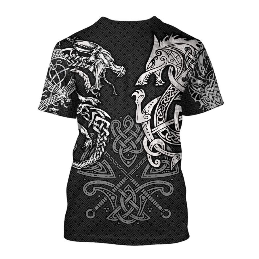Viking Clothing Viking Wolf and Dragon Tattoo T Shirt RLT12 - Wonder Print Shop