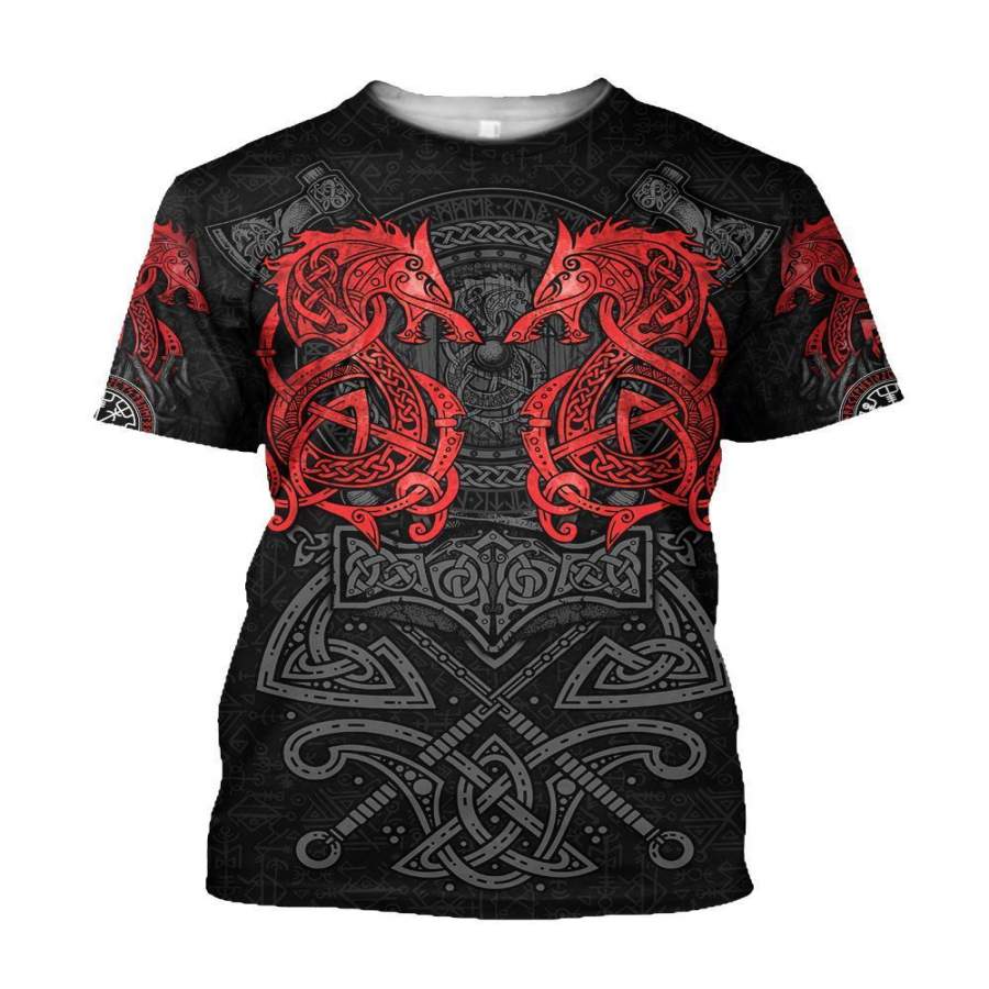 Viking Clothing Red Fenrir Viking Wolf Tattoo T Shirt RLT12 - Wonder Print Shop