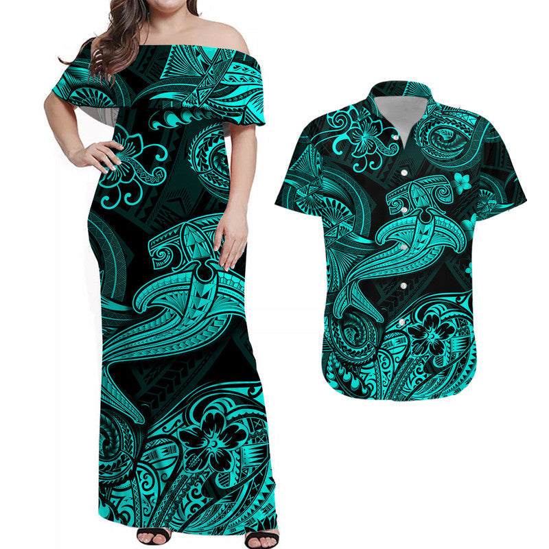 Polynesian Matching Hawaiian Outfits For Couples Hawaii Hammer Shark Matching Hawaiian Shirt And Dress Unique Style - Turquoise LT8 - Wonder Print Shop