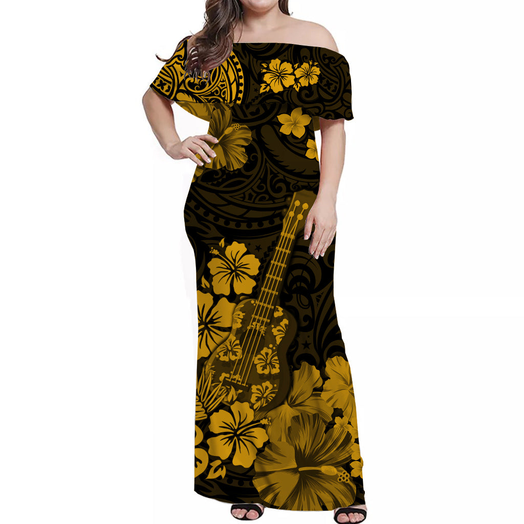 hawaii-off-shoulder-long-dress-polynesia-gold-ukulele-flowers