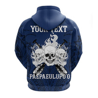 Blue hoodie back with flames skull graphic and "YOUR TEXT"