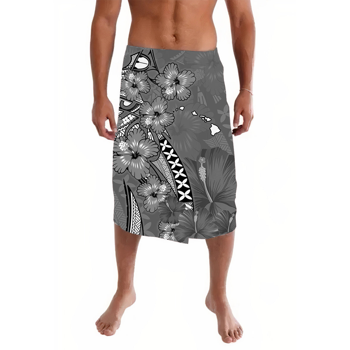 Hawaii Lavalava Polynesia Gray Hibiscus and Map Mystical LT13 - Wonder Print Shop