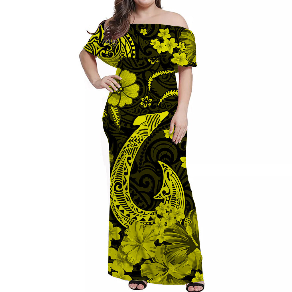 hawaii-off-shoulder-long-dress-polynesia-yellow-fish-hook