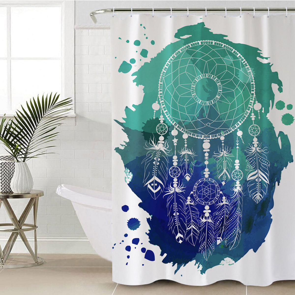 Dreamcatcher shower curtain with blue and green multicolor design and hanging beads