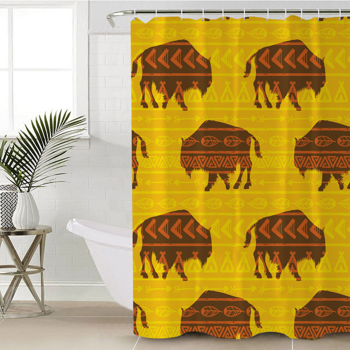 Yellow shower curtain with repeating bison silhouettes pattern