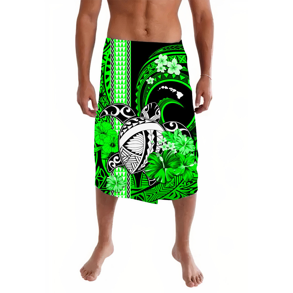 Hawaii Lavalava Polynesia Turtle Map and Green Hibiscus LT13 - Wonder Print Shop