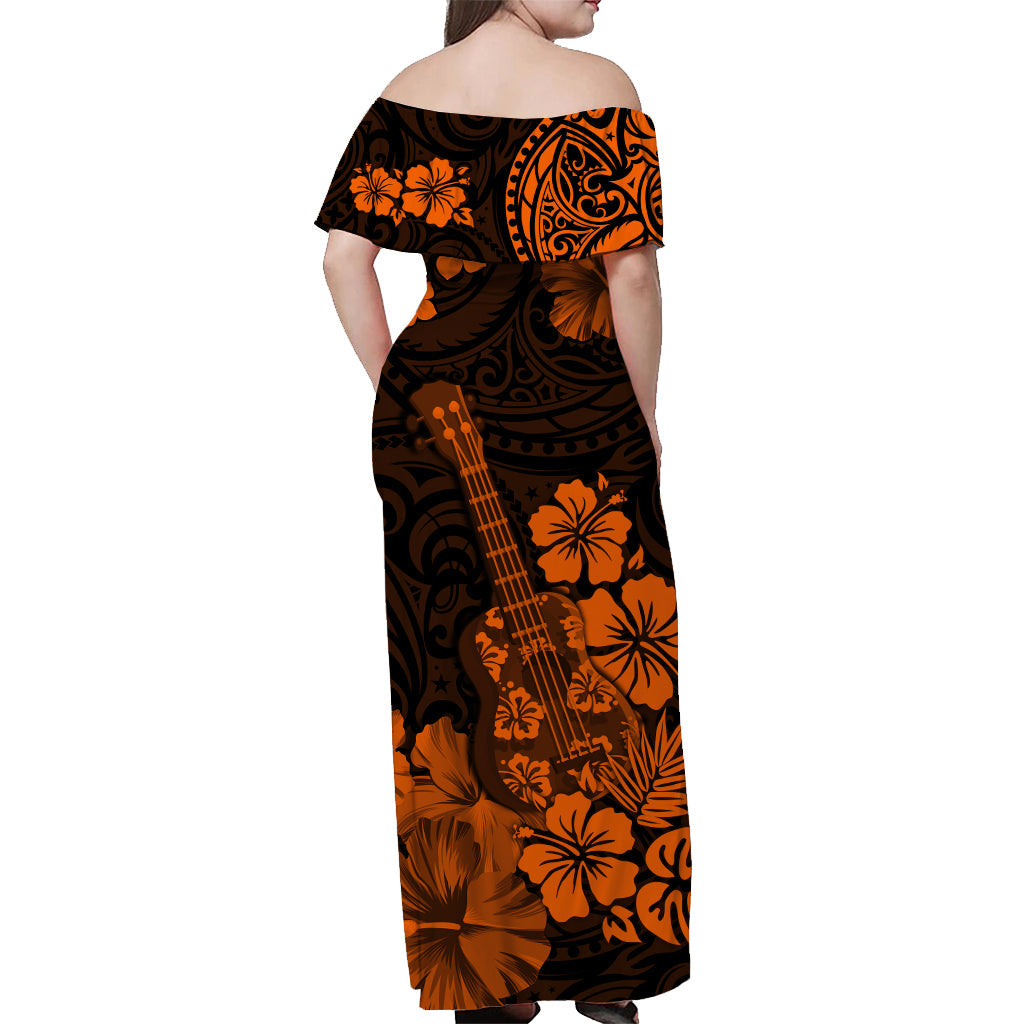 hawaii-off-shoulder-long-dress-polynesiaorange-ukulele-flowers