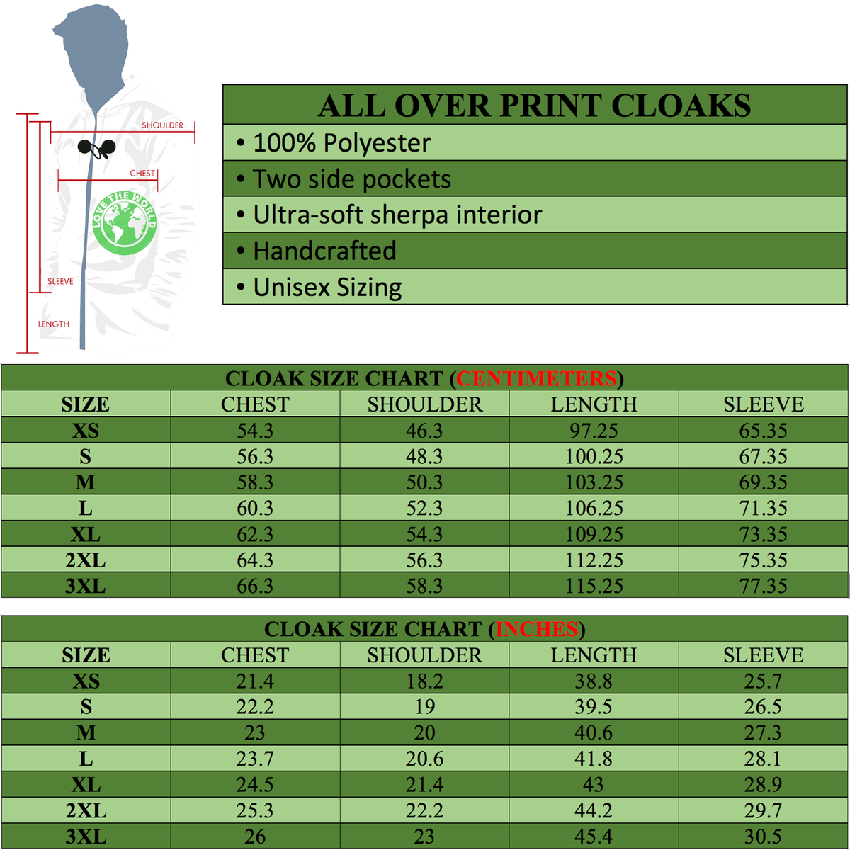 Cloak size chart with measurements in centimeters and inches, unisex hooded cloak
