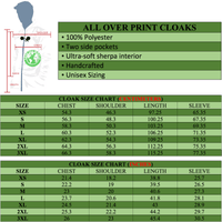 Cloak size chart with measurements in centimeters and inches, unisex hooded cloak