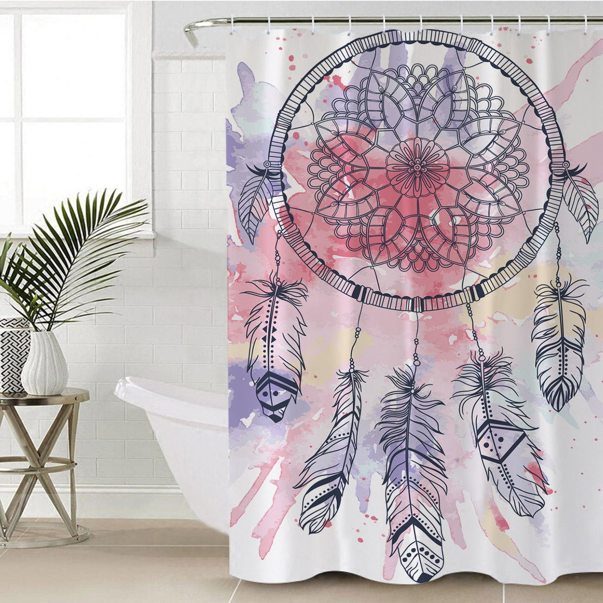 Pink water-color dream catcher shower curtain with circular mandala and feathers