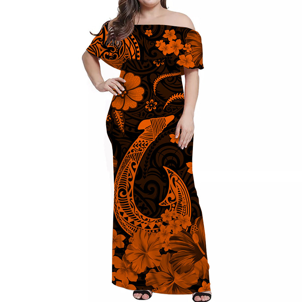 hawaii-off-shoulder-long-dress-polynesia-orange-fish-hook