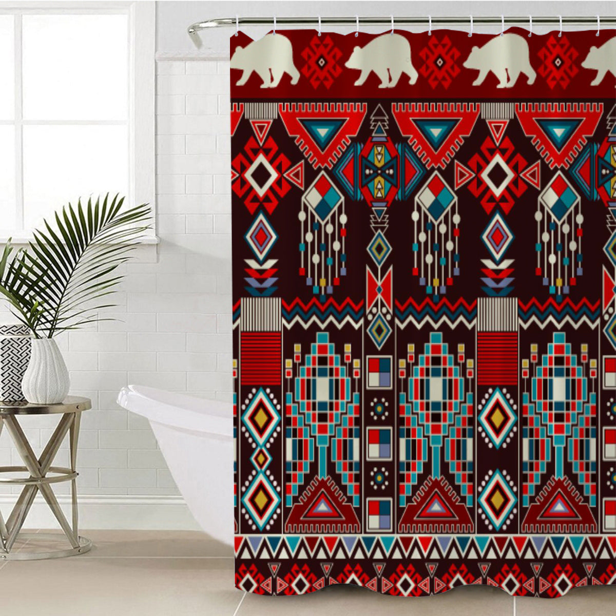 Red multicolor shower curtain with bison silhouettes and geometric tribal patterns