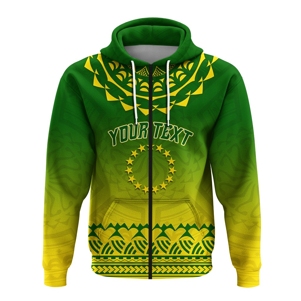 Green zip hoodie front with 'YOUR TEXT' and tribal turtle/star graphic in yellow