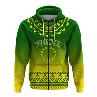 Green zip hoodie front with 'YOUR TEXT' and tribal turtle/star graphic in yellow