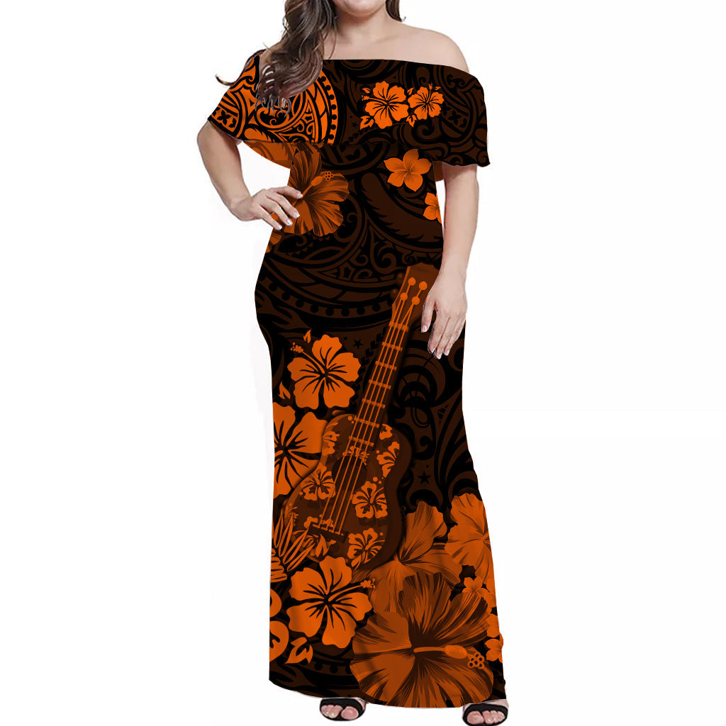 hawaii-off-shoulder-long-dress-polynesiaorange-ukulele-flowers