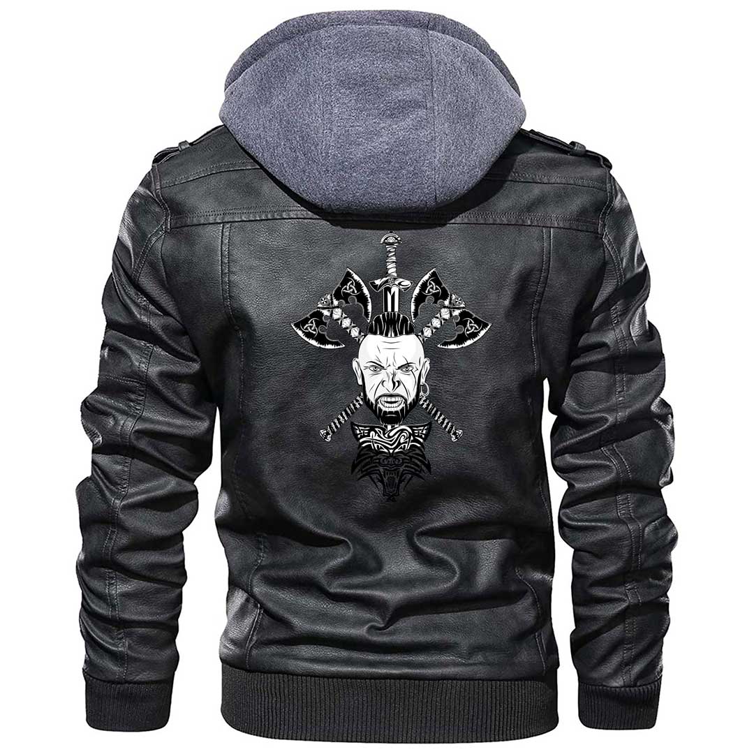 Viking Clothing Viking A Head Two Battle Axes and A Sword Zipper Leather Jacket RLT12 - Wonder Print Shop
