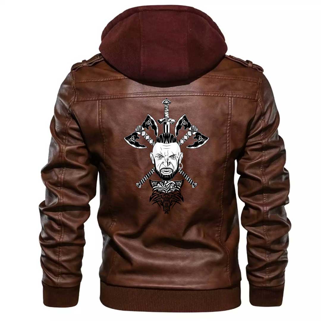 Viking Clothing Viking A Head Two Battle Axes and A Sword Zipper Leather Jacket RLT12 - Wonder Print Shop