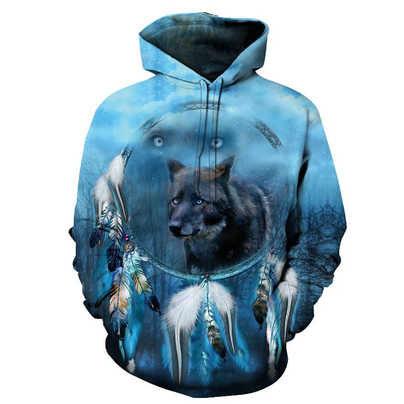 Blue Wolf Dreamcatcher Native American Pullover Hoodie LT10 - Wonder Print Shop