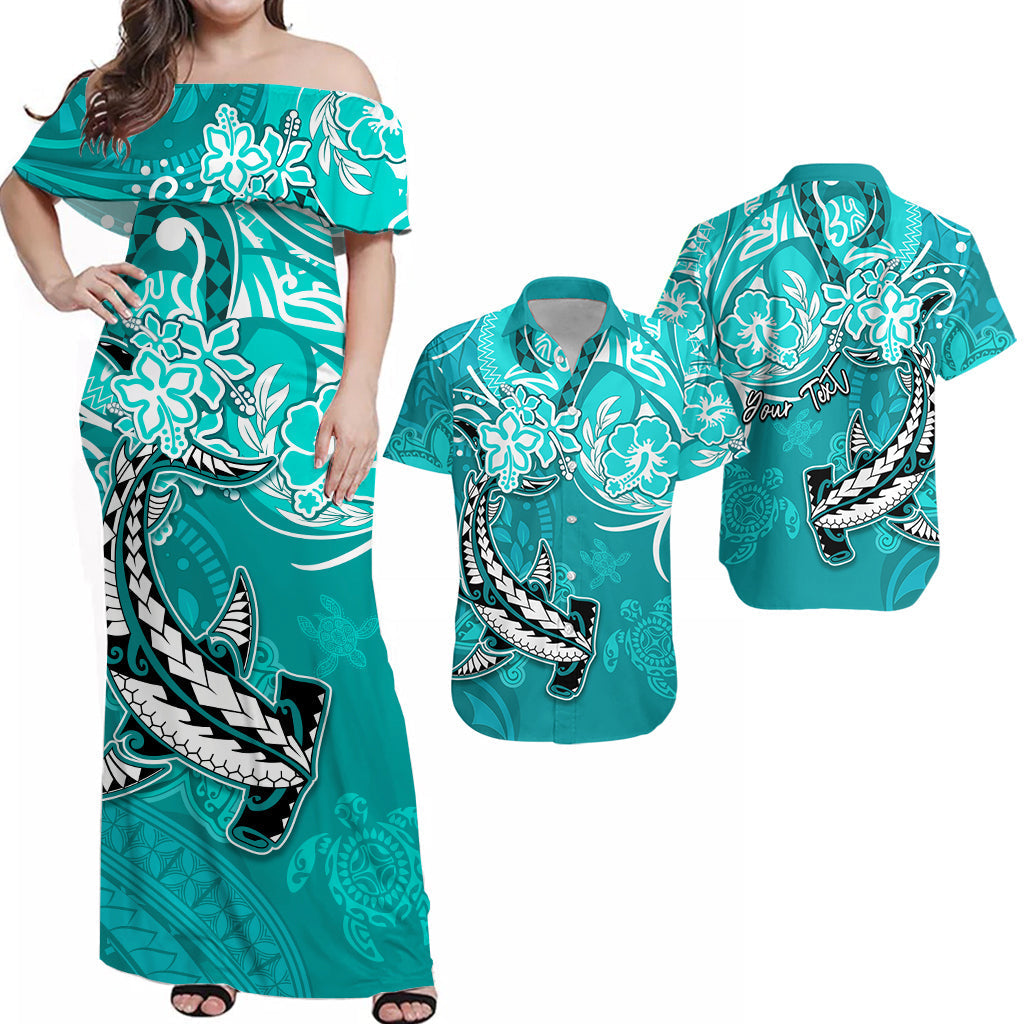 Personalised Hawaii Matching Hawaiian Shirt And Dress Polynesia Turquoise Sea Turtle Honu and Hammerhead Shark LT13 - Wonder Print Shop