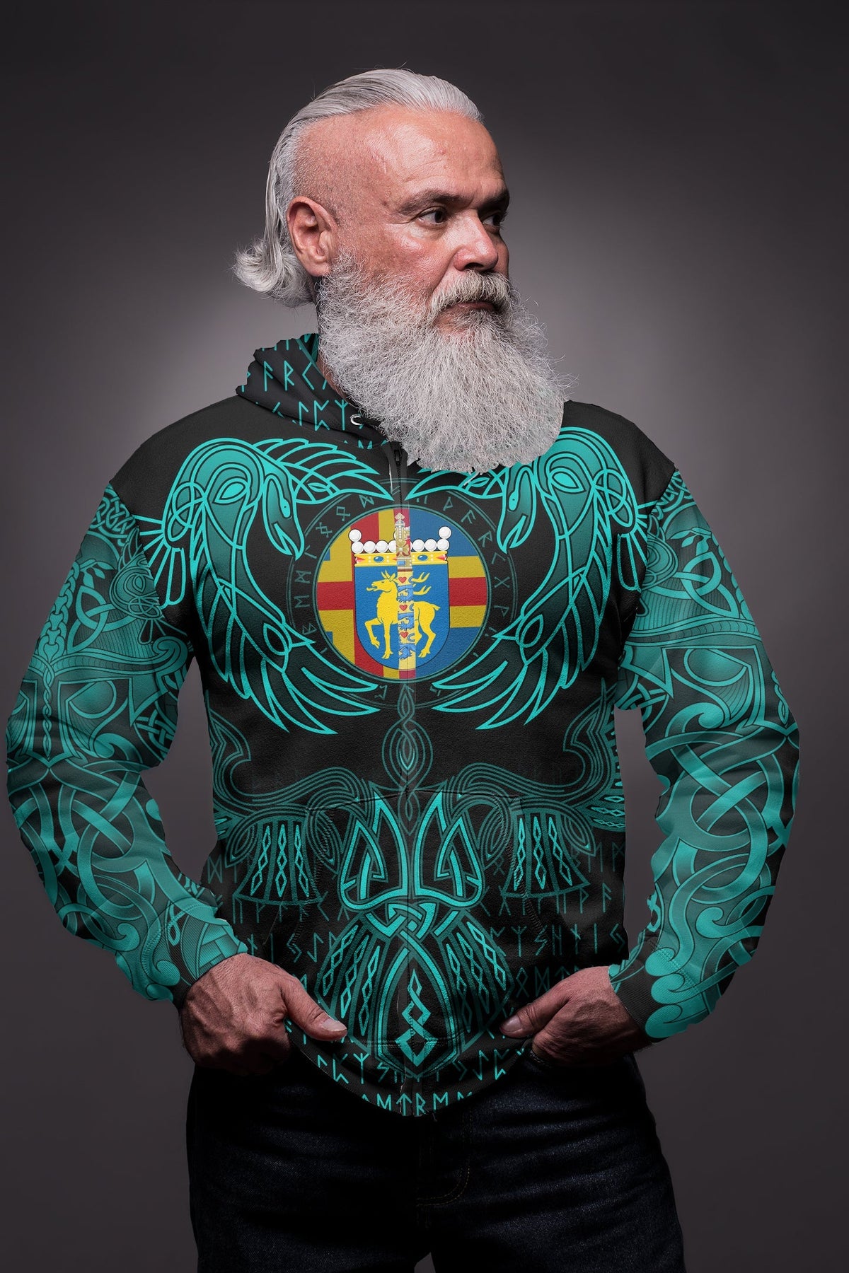 Viking Aaland Islands Zip Hoodie Valknut of Odin Cyan RLT12 - Wonder Print Shop